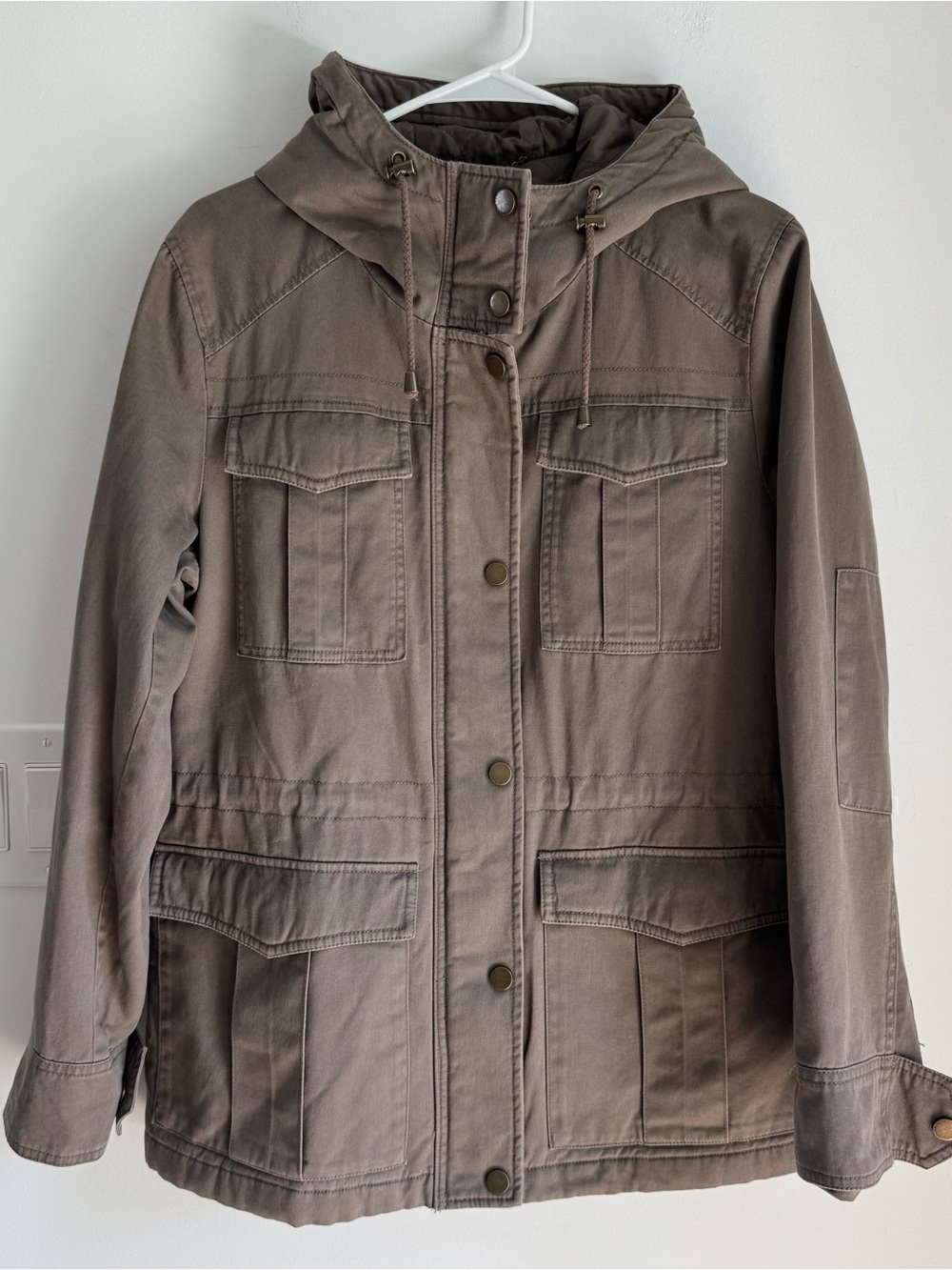 Lucky Brand Women's Hooded Twill Anorack Jacket Army Green Zip & Snap Button L